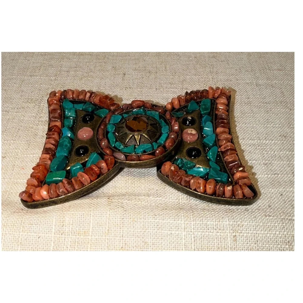 Vintage Style Faux Turquoise Coral Mosaic Bow Belt Buckle Western Boho Brass